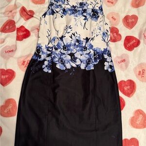 Lauren Ralph Lauren White and Blue Floral Sleeveless Midi Sheath Dress